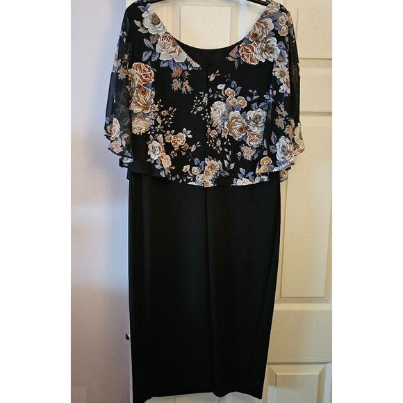 Floral Overlay Black Fit & Flare Dress By Connected Apparel Size 16 Tea Length - Picture 2 of 12